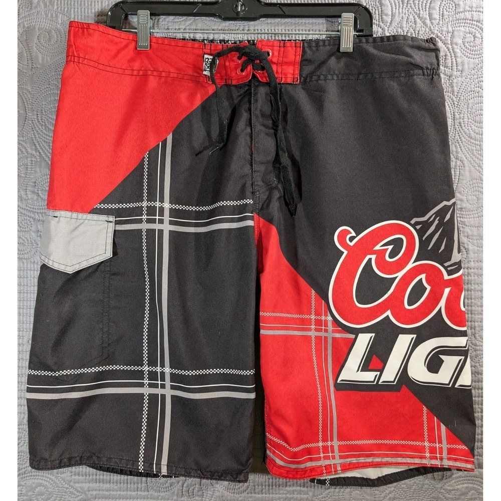 Coors Light Beer Swim Shorts Mens Sz 23 Black Logo Pocket Swim Trunks Unlined